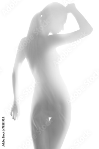 Silhouette of young sexy woman on white background. Back view