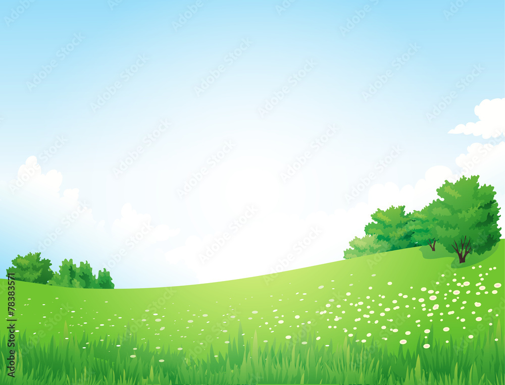 Obraz premium Green Landscape with trees clouds flowers