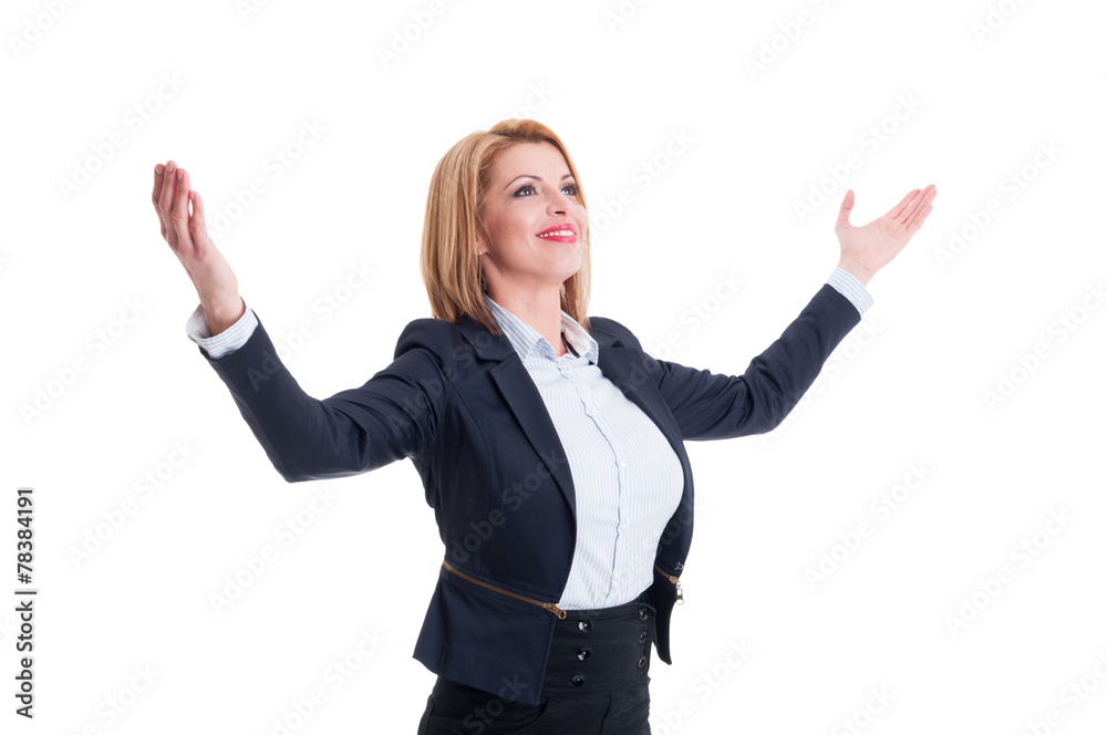 Successful business woman holding arms open wide Successful business woman holding arms open wide