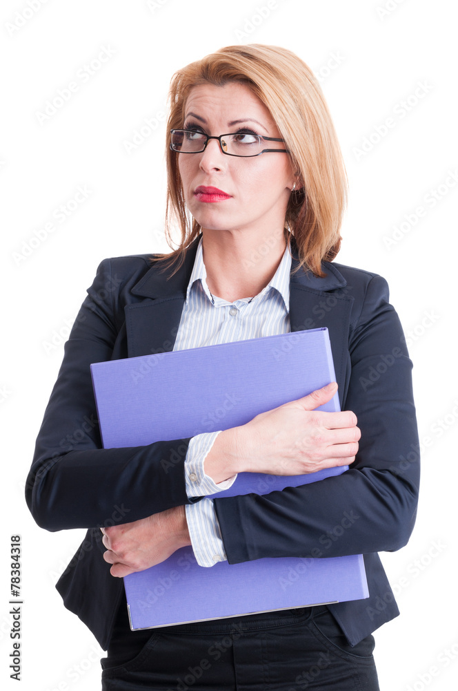 Business woman holding portfolio and thinking Business woman holding portfolio and thinking