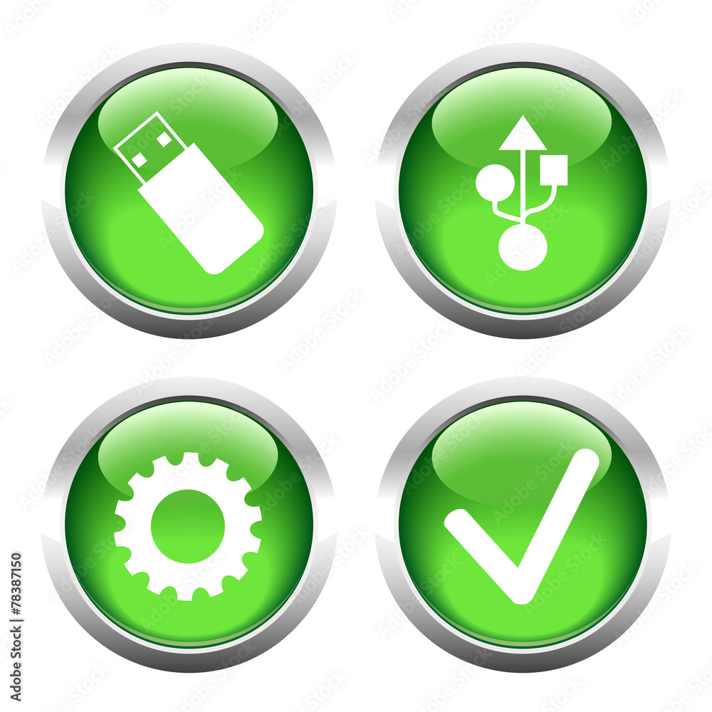 Set of buttons for web, yusb, cogwheel, check. Set of buttons for web, yusb, cogwheel, check.