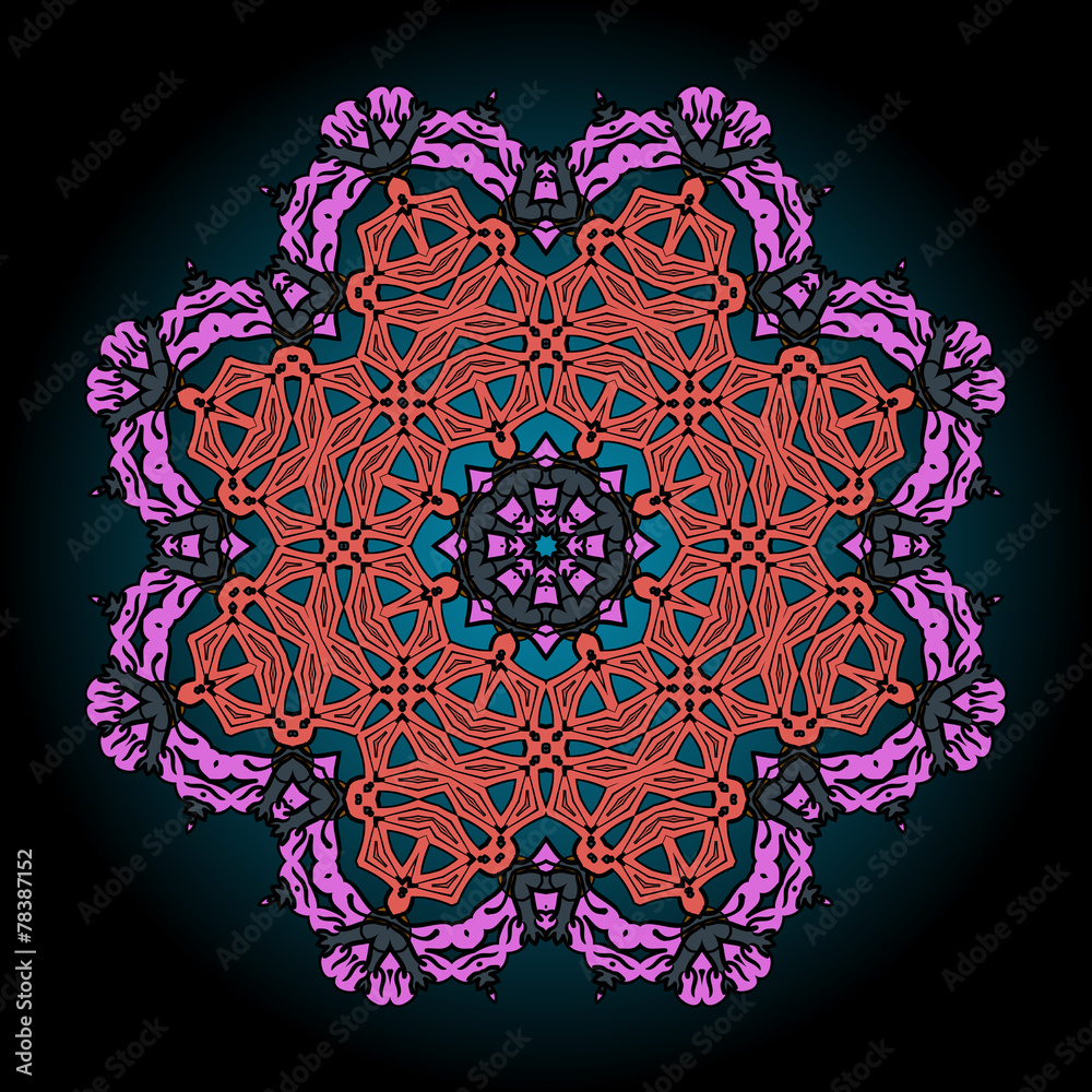 Mandala in pink and red over black background with gradient.