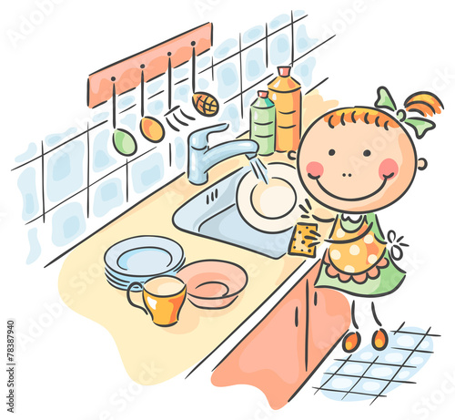 Girl helping her mother to wash the dishes