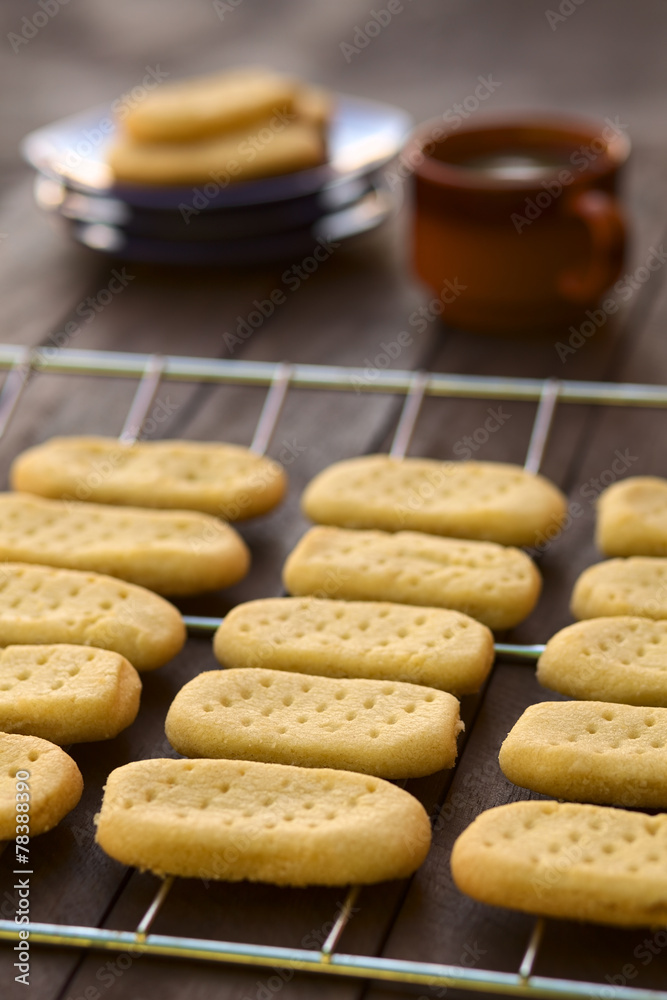 Homebaked shortbread biscuits on cooling rack