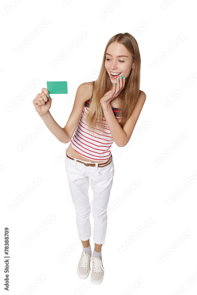 Young woman showing blank credit card. Happy smiling multi-ethni Young woman showing blank credit card. Happy smiling multi-ethni