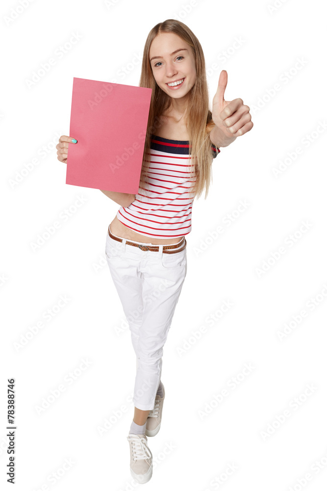 Showing woman holding blank sign placard billboard with copy spa Showing woman holding blank sign placard billboard with copy spa