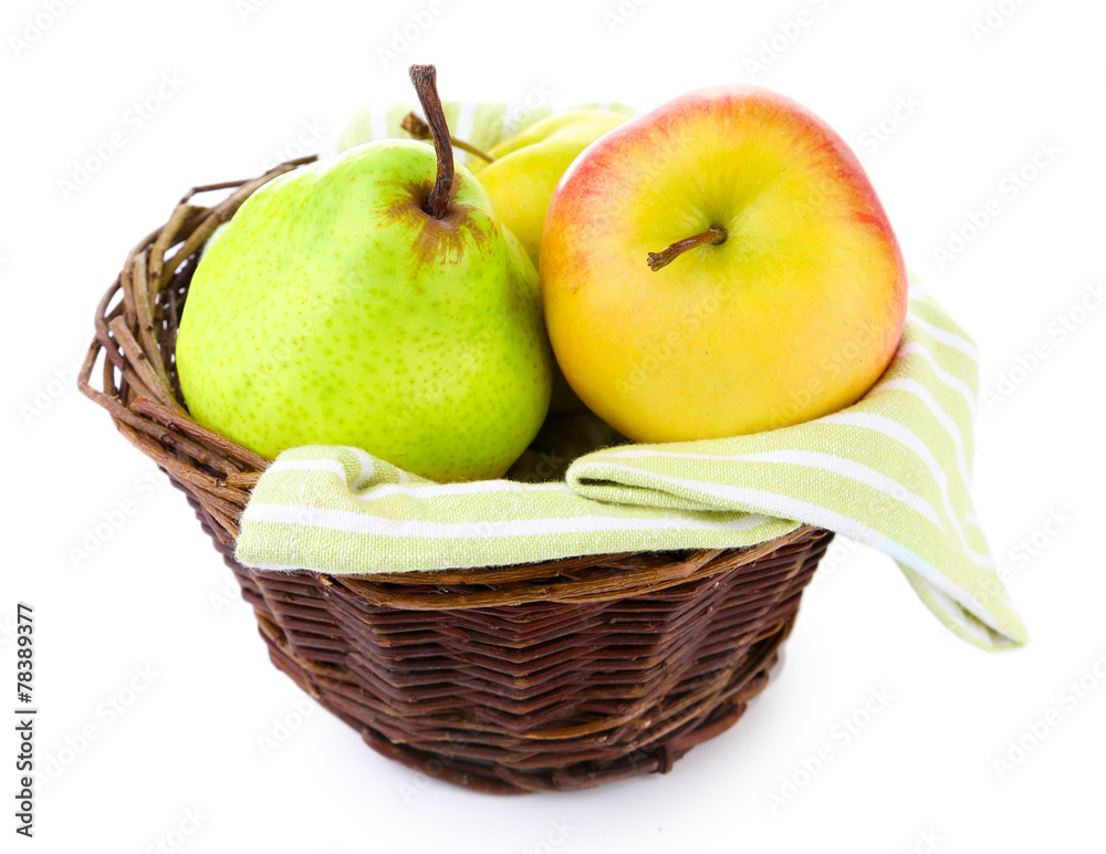 Assortment of juicy fruits in wicker basket, isolated on white Assortment of juicy fruits in wicker basket, isolated on white