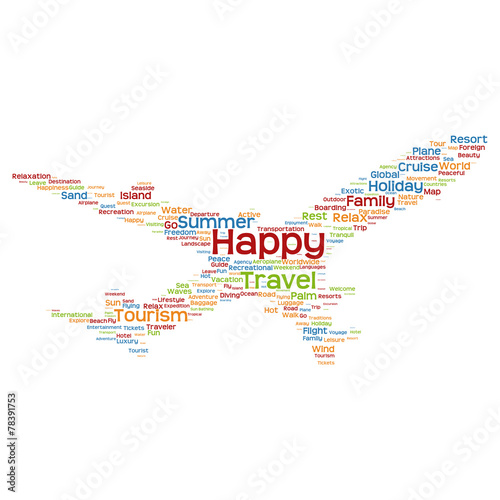 Vector conceptual travel or tourism plane word cloud