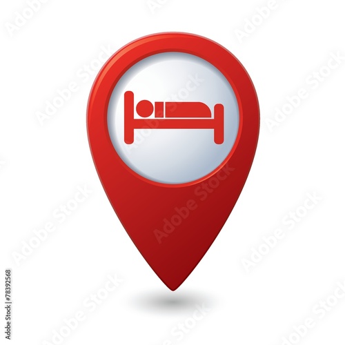 Red map pointer with hotel icon.
