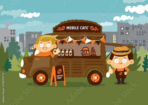 Mobile coffee shop and Van cafe concepts - vector Illustration