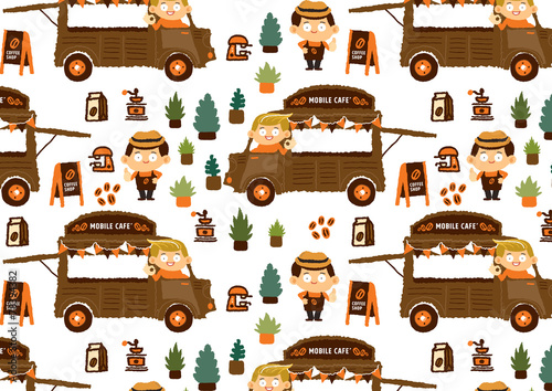 Mobile coffee shop - Van cafe vector pattern