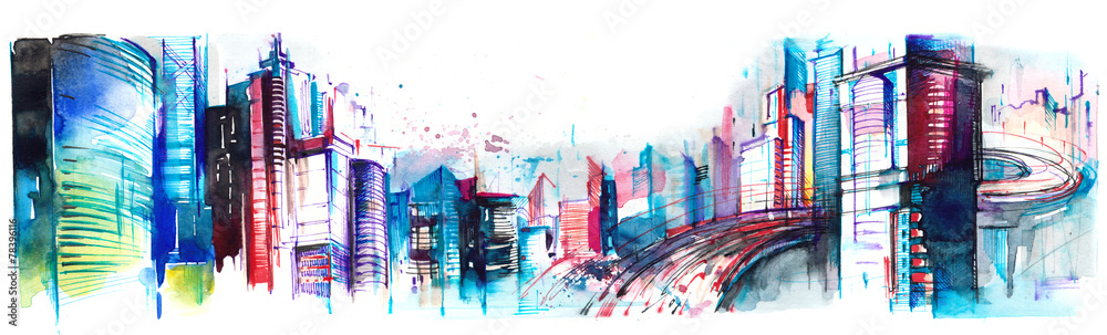 Fototapeta Panorama miasta pędzlem malowana
