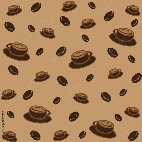 Vector illustration. Background with coffee beans and cups.