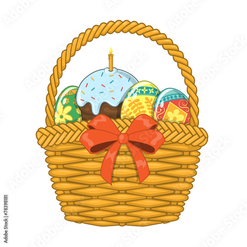 Basket with Easter eggs and cake