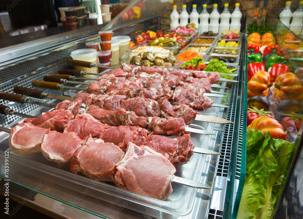 Fresh raw meat for barbecue in a store