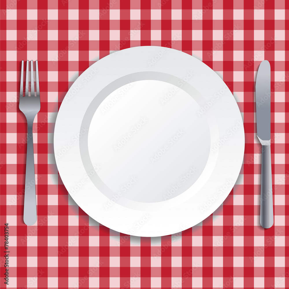 Realistic plate, fork and knife. Vector art. Realistic plate, fork and knife. Vector art.