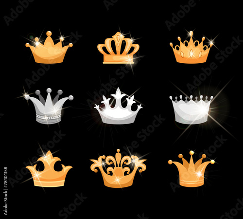 Gold and silver crowns icons set