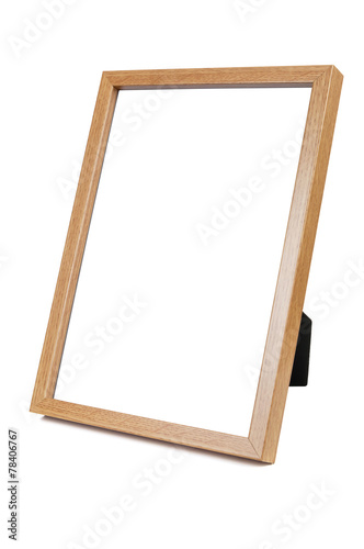 Wooden empty photo frame on white background