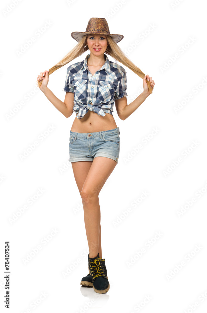 Woman wearing cowboy hat isolated on white Woman wearing cowboy hat isolated on white