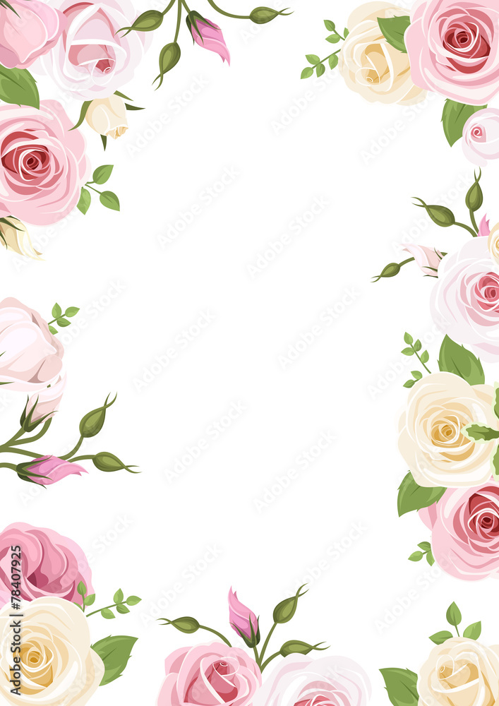 Background with pink and white roses and lisianthus flowers.