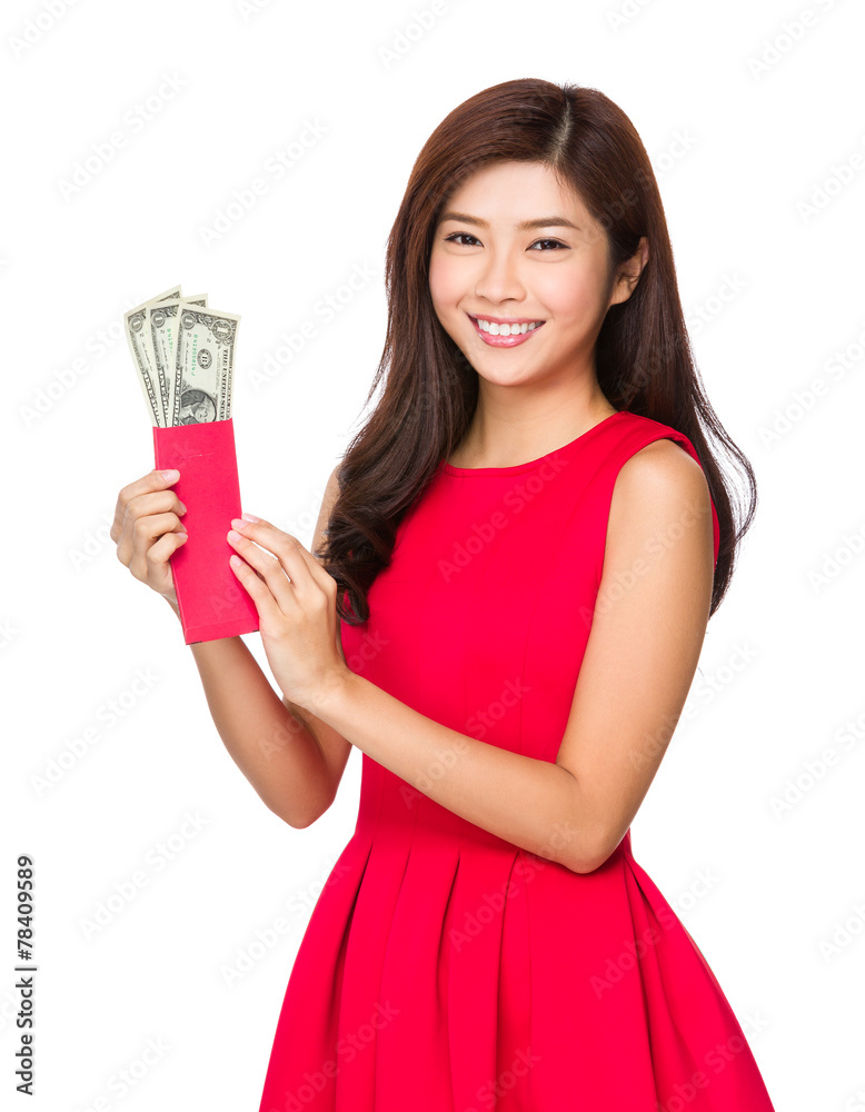 Chinese Woman hold red pocket with USD Chinese Woman hold red pocket with USD