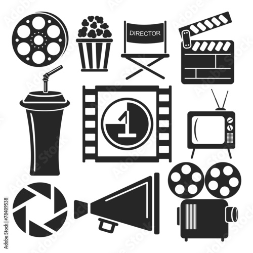 Set of 9 cinema web and mobile icons. Vector.