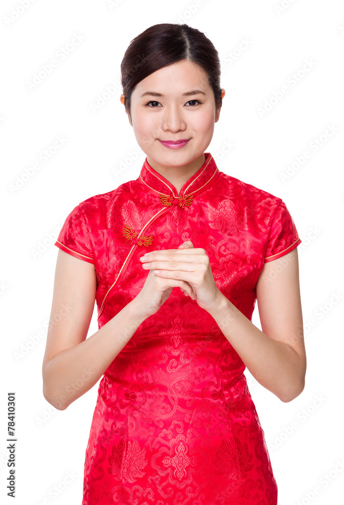 Chinese woman with two finger cross for blessing good luck Chinese woman with two finger cross for blessing good luck