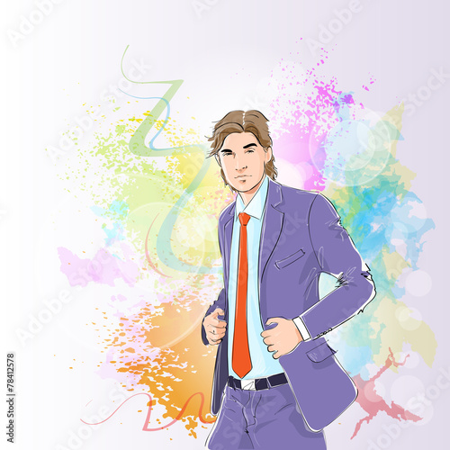 Fashion man over colorful pain splash background, male model