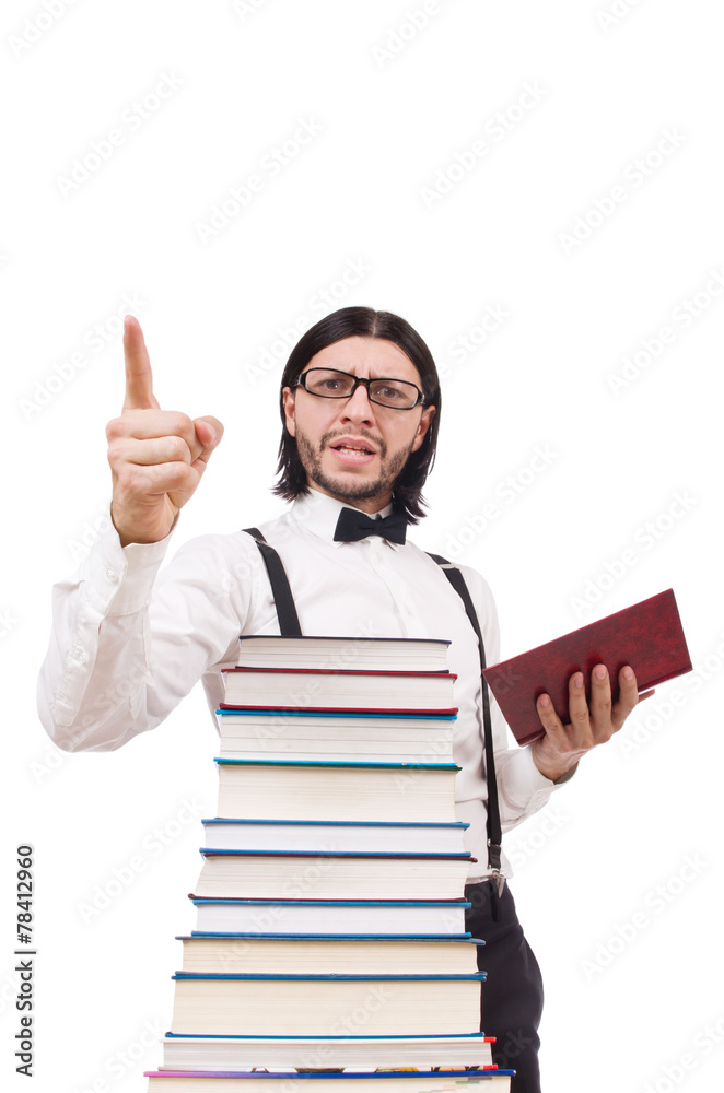 Funny student with books isolated on white Funny student with books isolated on white