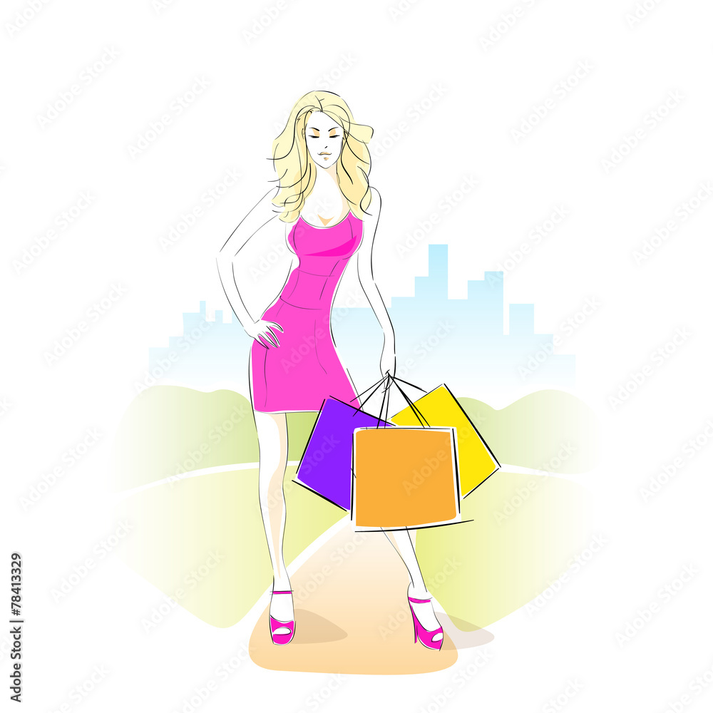 shopping woman with bags wear pink dres standing outdoor green