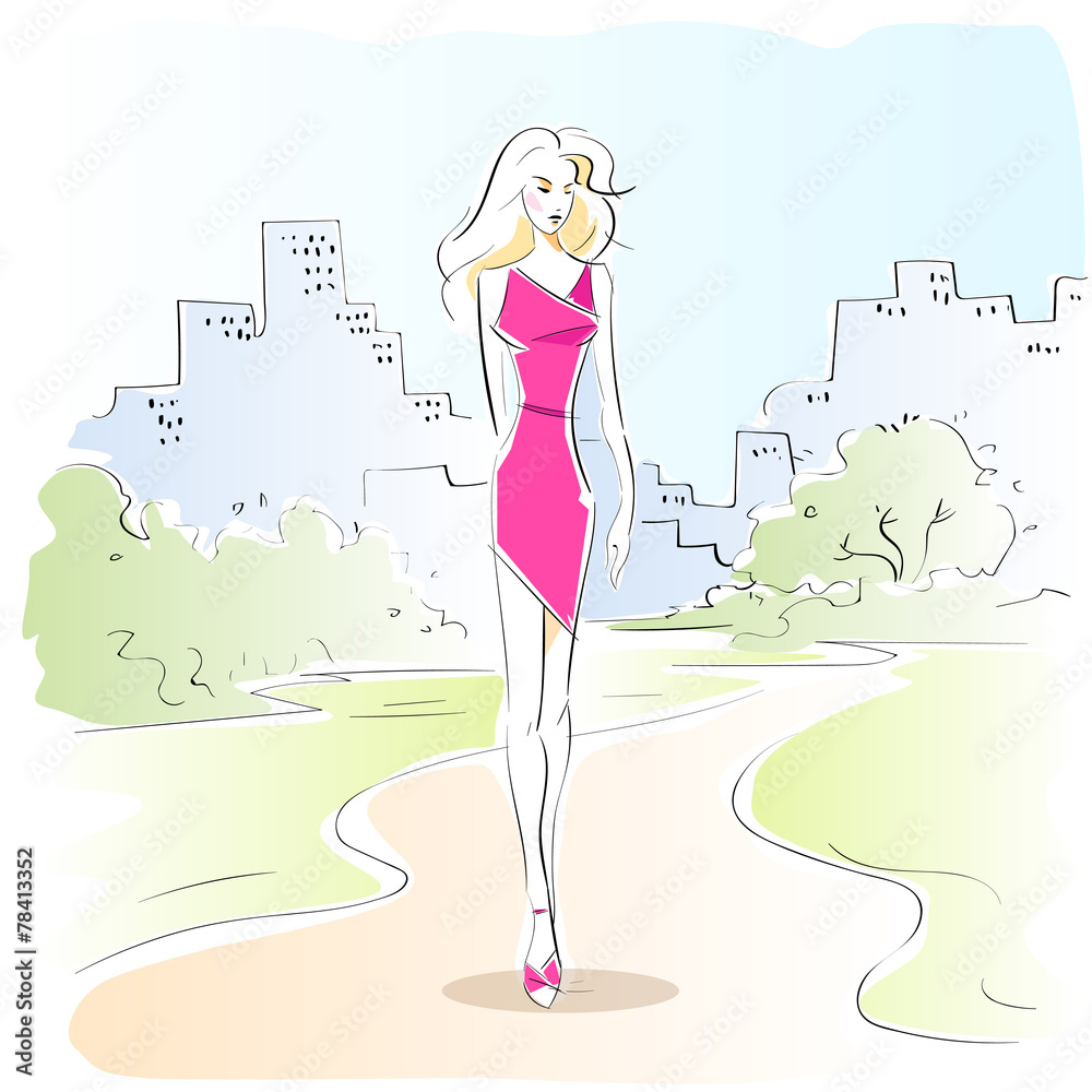 fashion woman sketch pink dress outdoor vector