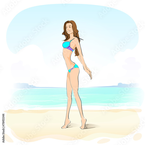 woman on summer beach, long leg blonde sexy girl bikini