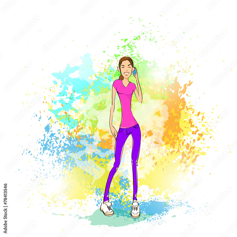 young woman cell phone call over abstract paint colorful splash young woman cell phone call over abstract paint colorful splash