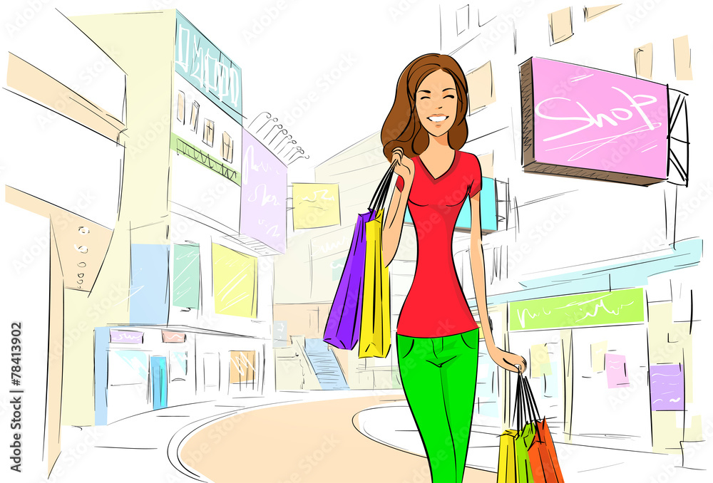 shopping woman on city street street draw sketch shops colorful shopping woman on city street street draw sketch shops colorful