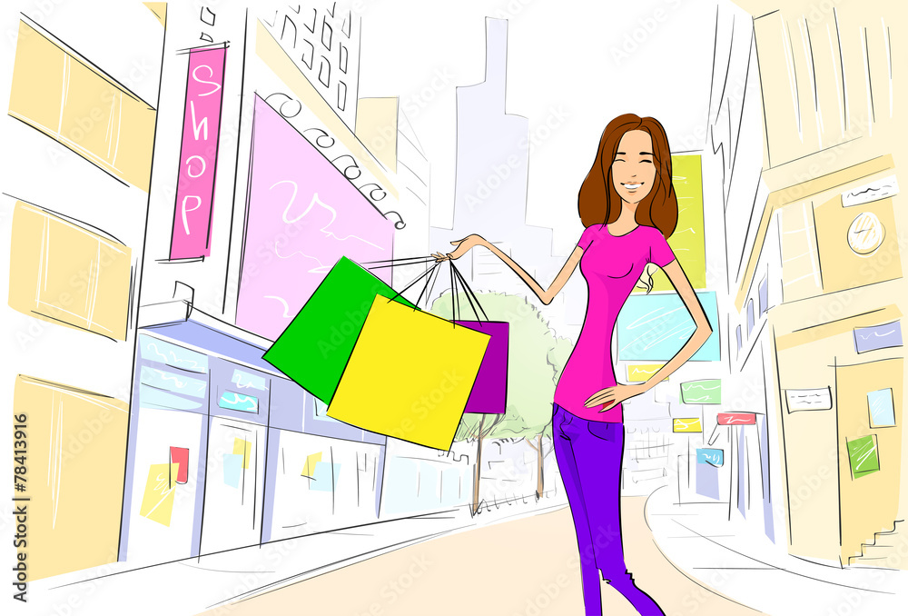 shopping woman on city street street draw sketch shops colorful shopping woman on city street street draw sketch shops colorful