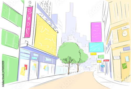 street city view draw sketch shops colorful buildings