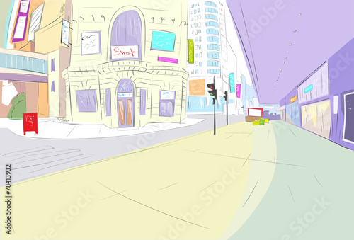 street city view draw sketch shops colorful buildings