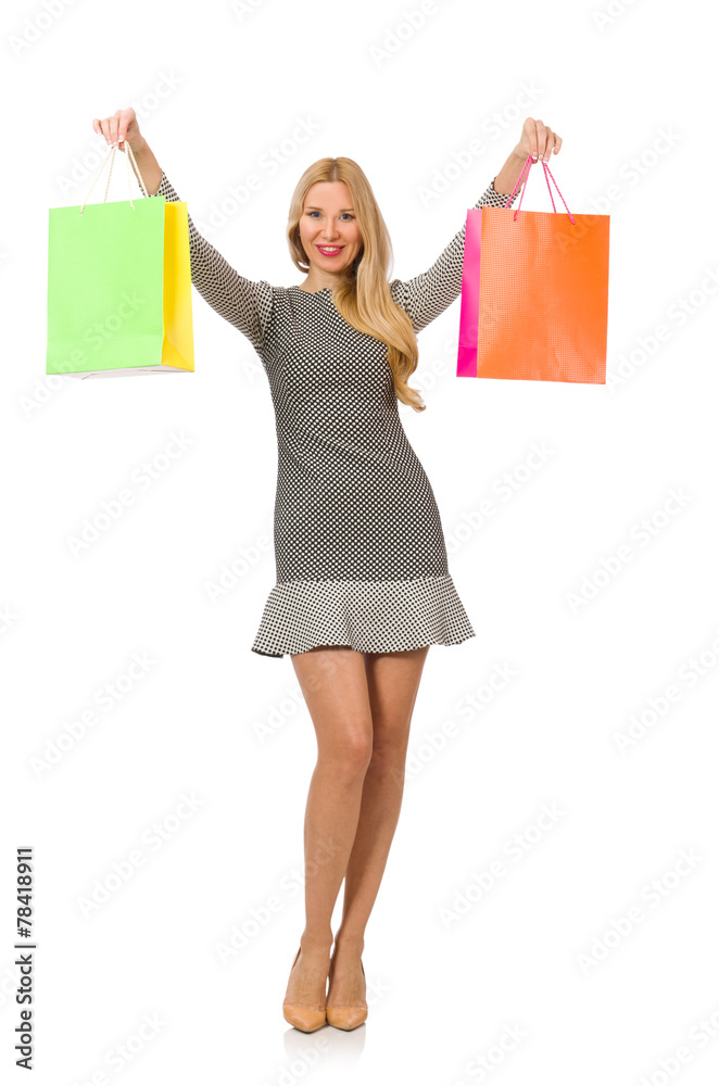 Young woman after shopping isolated on the white Young woman after shopping isolated on the white