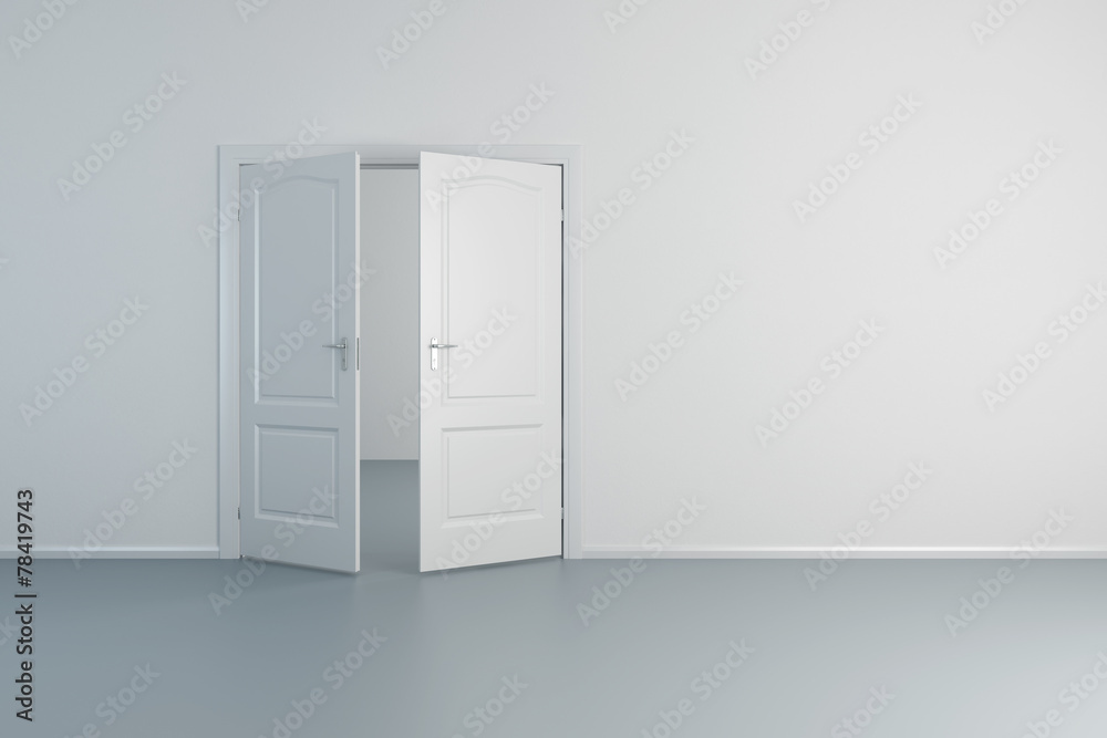 empty white room with opened door empty white room with opened door