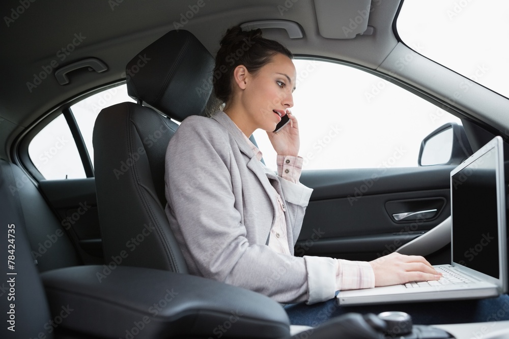 Businesswoman working in the passengers seat