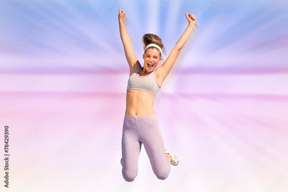 Composite image of sporty happy blonde jumping Composite image of sporty happy blonde jumping