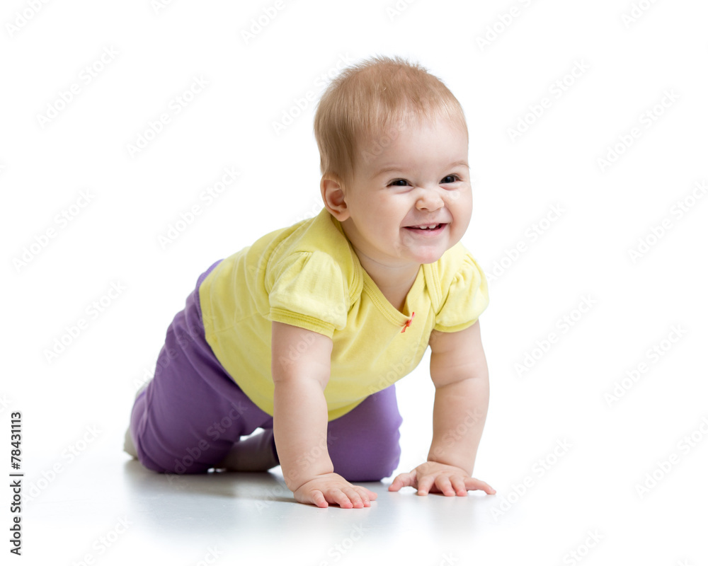 happy crawling baby isolated on white