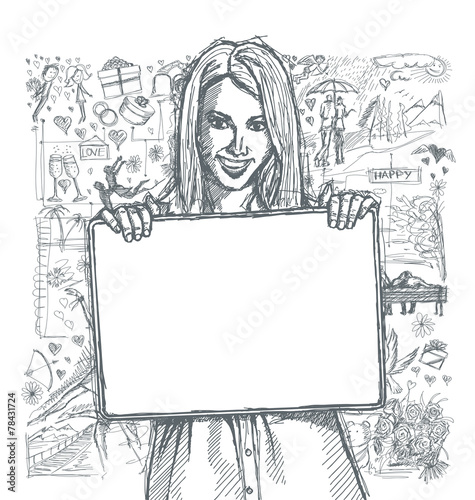 Sketch Happy Woman Holding Blank White Card Against Love Story B