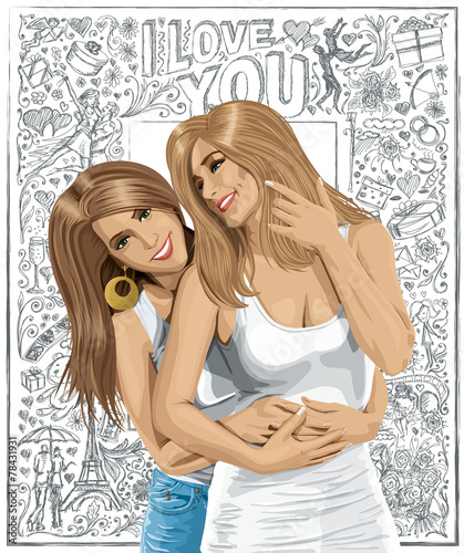 Vector Women Gay Couple Against Love Background