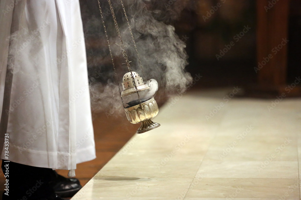 Incense during Mass at the altar - obrazy, fototapety, plakaty 