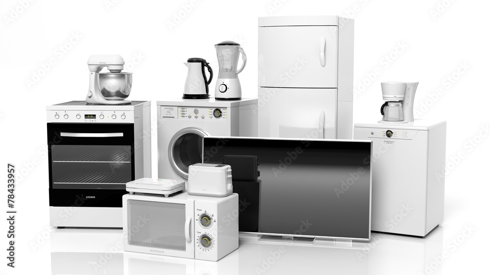 Group of home appliances isolated on white background. - obrazy, fototapety, plakaty 