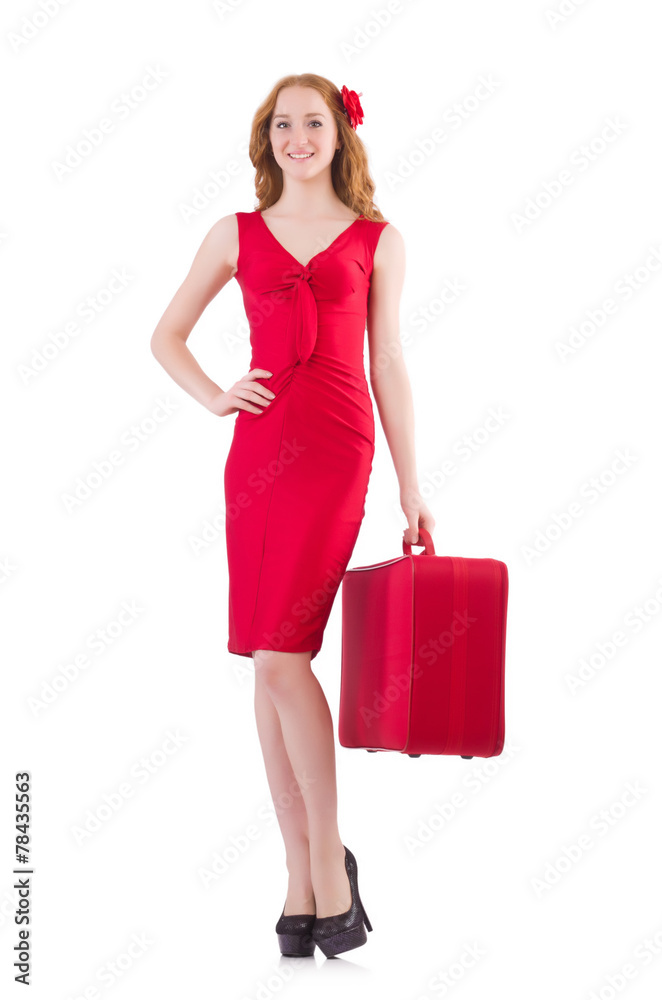 Woman in red dress and travel case isolated on white Woman in red dress and travel case isolated on white