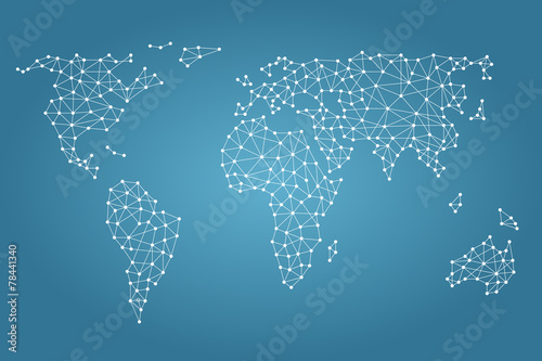 Social media network. World map with nodes linked by lines.