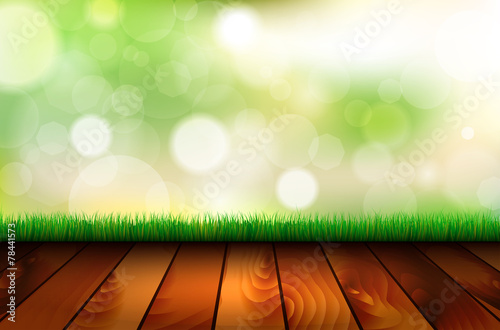 Natural background with wooden floor, grass and bokeh