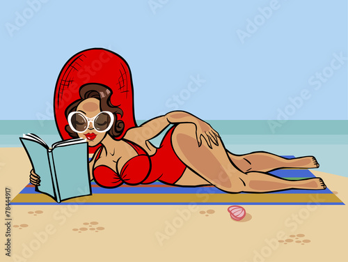 Funny cute cartoon pin-up girl on the beach.Vector illustration
